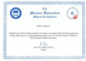 award_marmara_uni_big Award letter from the dean of Marmara University Faculty of Engineering